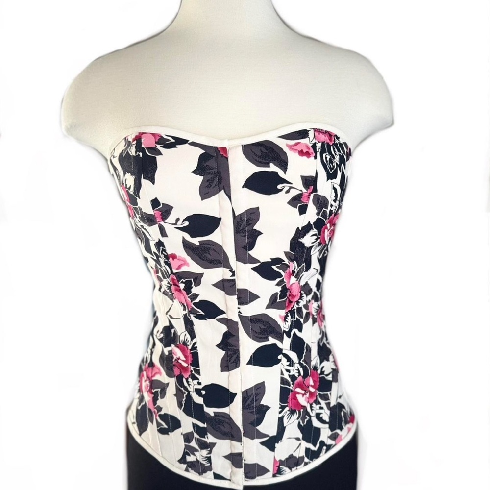 Pink + White Floral Lace-Up Corset Top — Size S/M — Cute Bustier Charlotte Russe